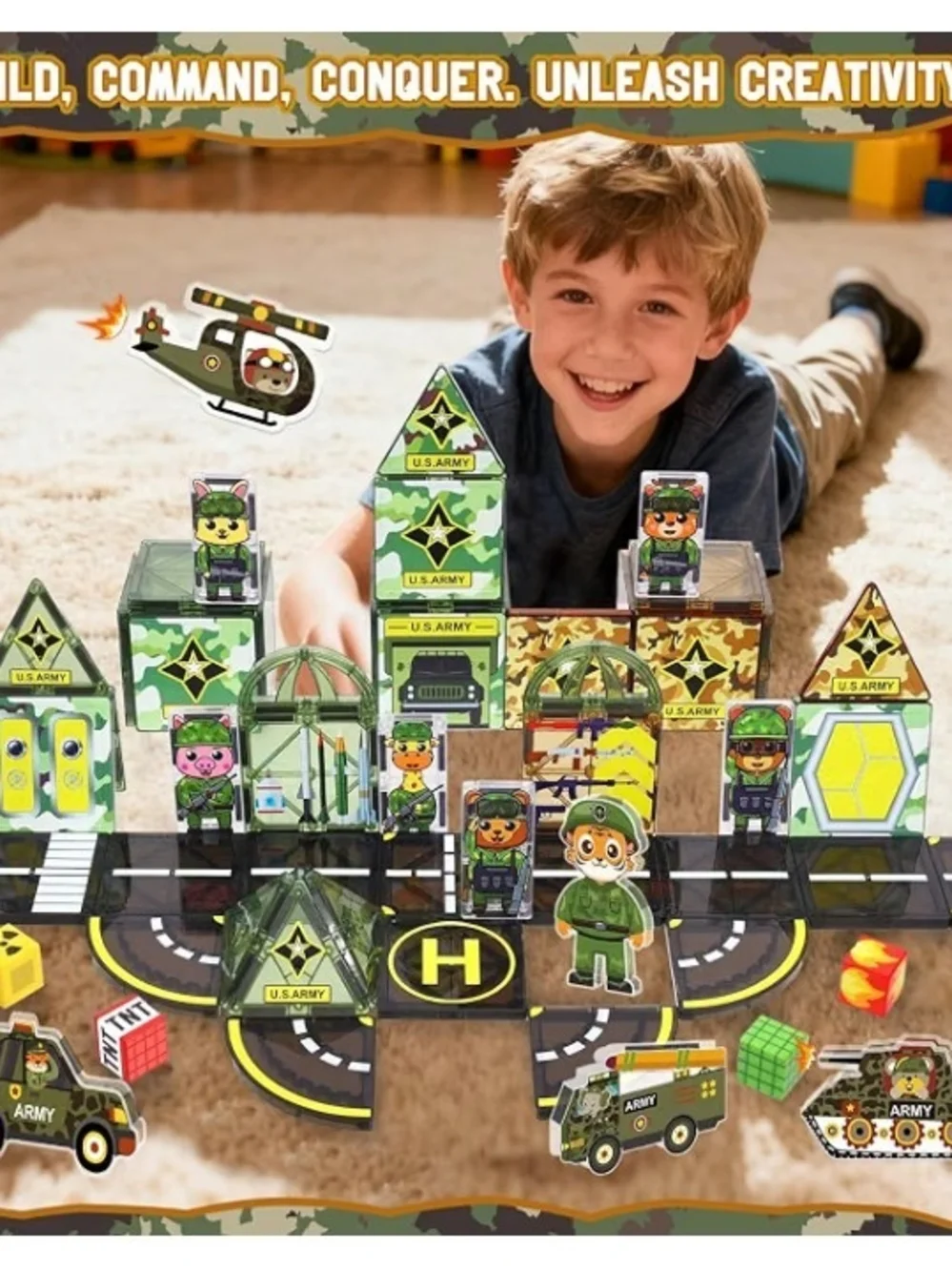 NWT 63 Pcs Military Magnetic Tiles Building Blocks Playset - Green Army Toy Set